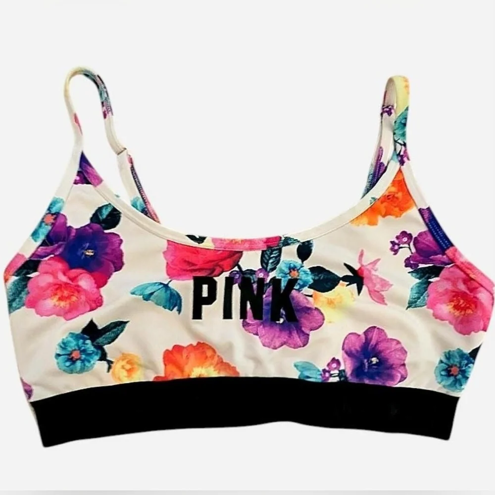 Victoria's Secret Pink floral sports bra in white with black band Size L